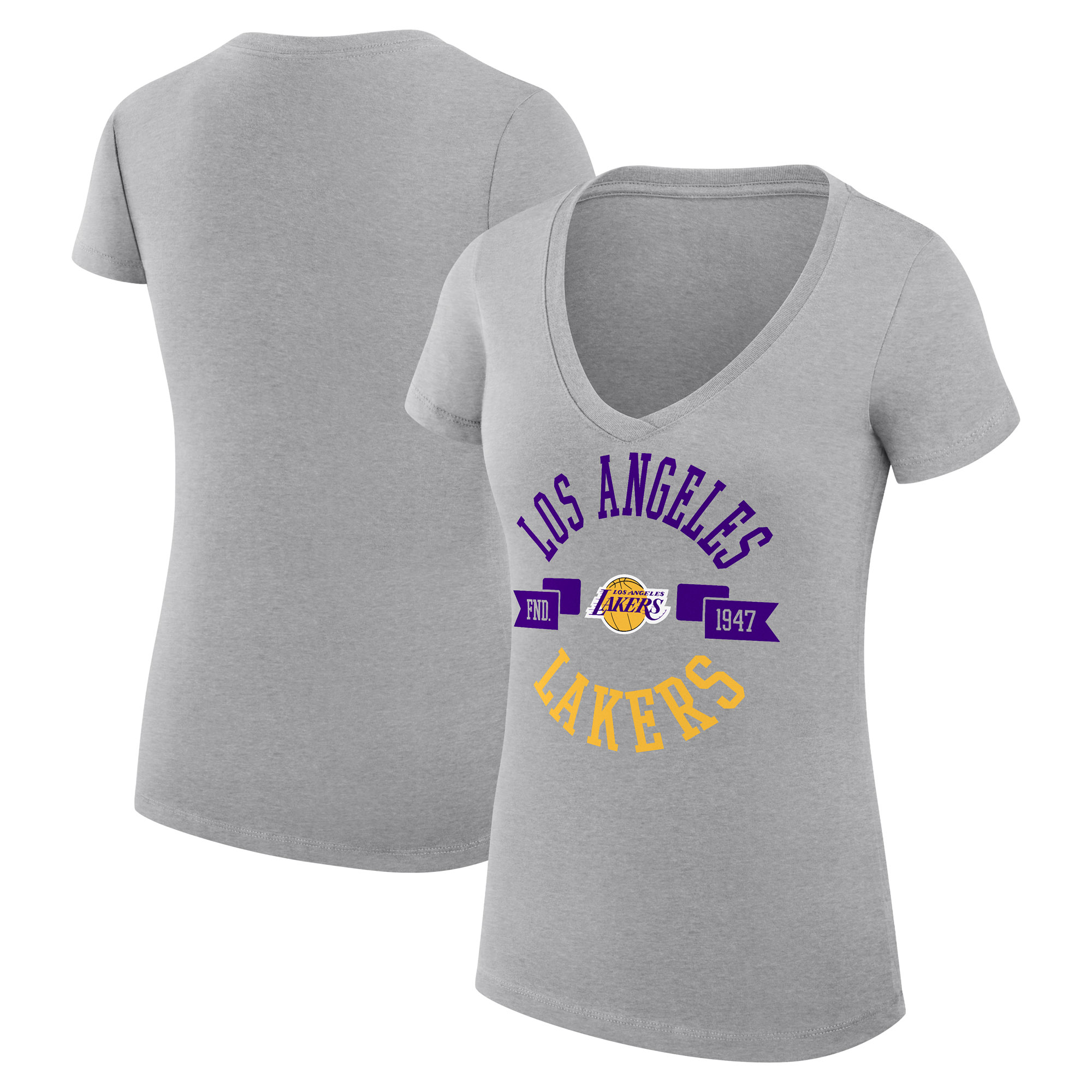Women's G-III 4Her by Carl Banks Heather Gray Los Angeles Lakers Large City Logo Fitted V-Neck T-Shirt