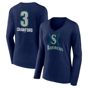 Women's J.P. Crawford Navy Seattle Mariners Name & Number Fastball V-Neck Long Sleeve T-Shirt