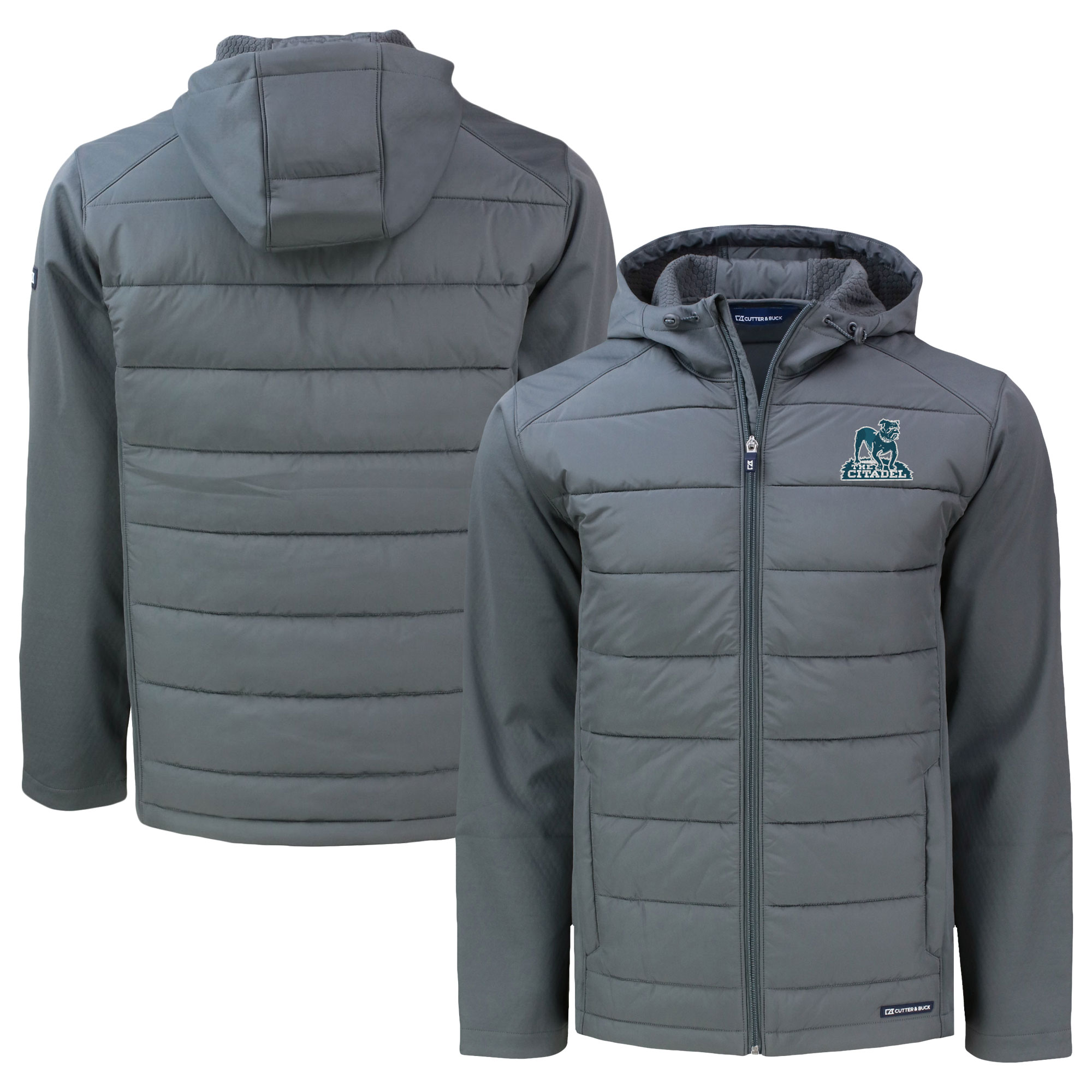 Men's Cutter & Buck Gray Citadel Bulldogs Vault Evoke Hybrid Eco Softshell Recycled Full-Zip Hooded Jacket