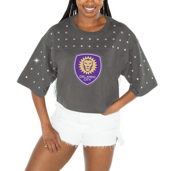 Women's Gameday Couture  Gray Orlando City SC Making Moves Rhinestone Cropped Oversized Half Sleeve T-Shirt