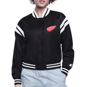 Women's Starter  Black Detroit Red Wings Printed Round Team Logo Satin Varsity Full-Snap Jacket