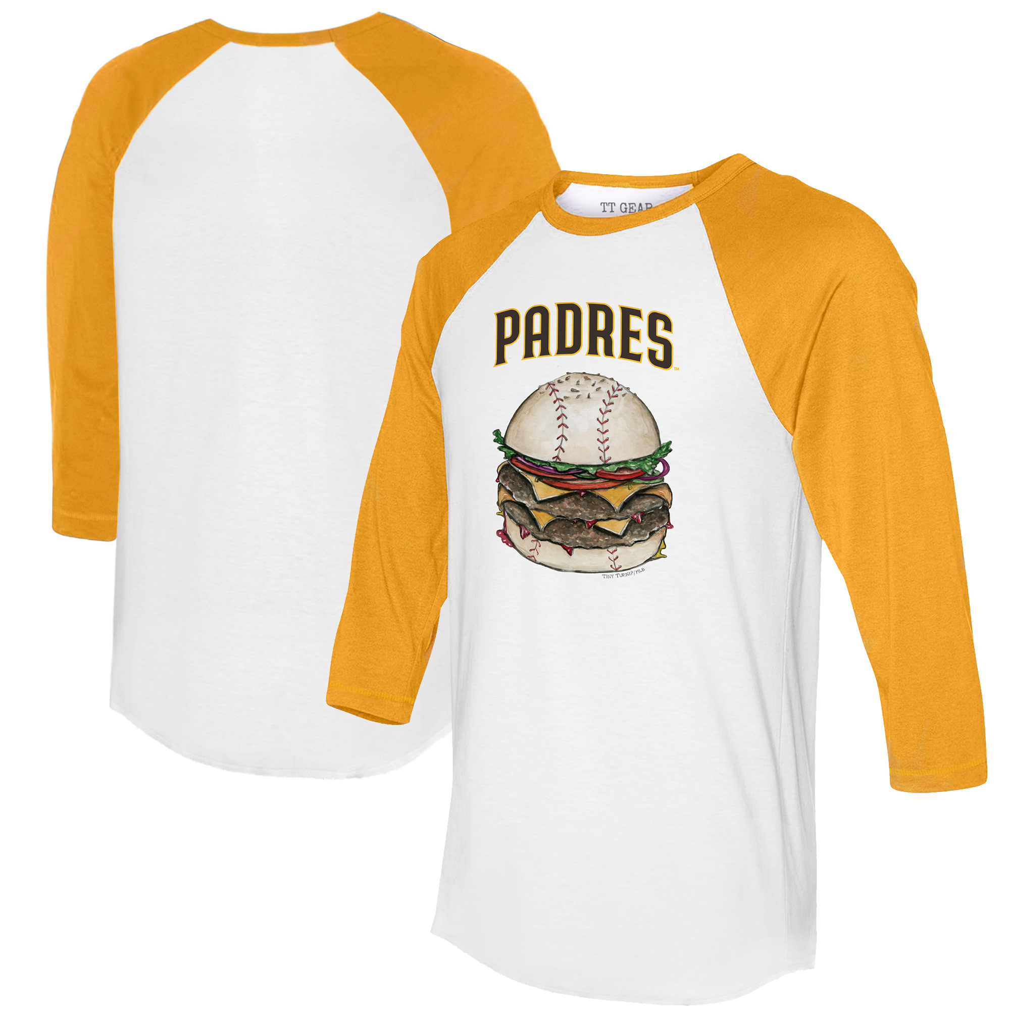 Women's Tiny Turnip White/Gold San Diego Padres Burger 3/4-Sleeve Raglan T-Shirt - Image 2