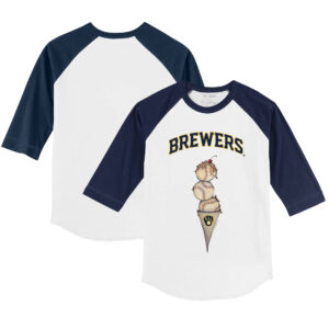 Youth Tiny Turnip White/Navy Milwaukee Brewers Triple Scoop 3/4-Sleeve Raglan T-Shirt