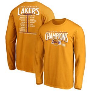 Men's Fanatics Gold Los Angeles Lakers 2020 NBA Finals Champions Streaking Dunk Roster Long Sleeve T-Shirt