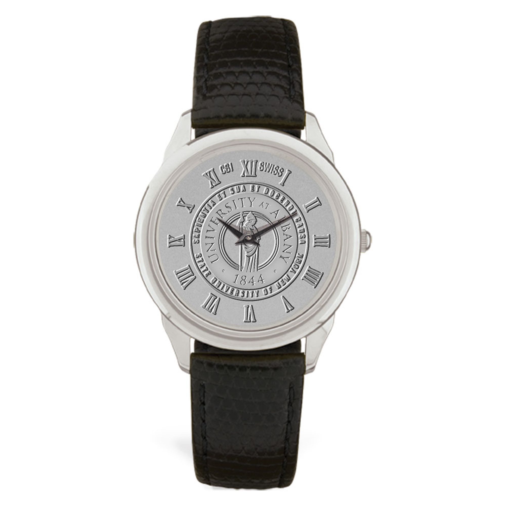 Silver Albany Great Danes Team Medallion Black Leather Wristwatch