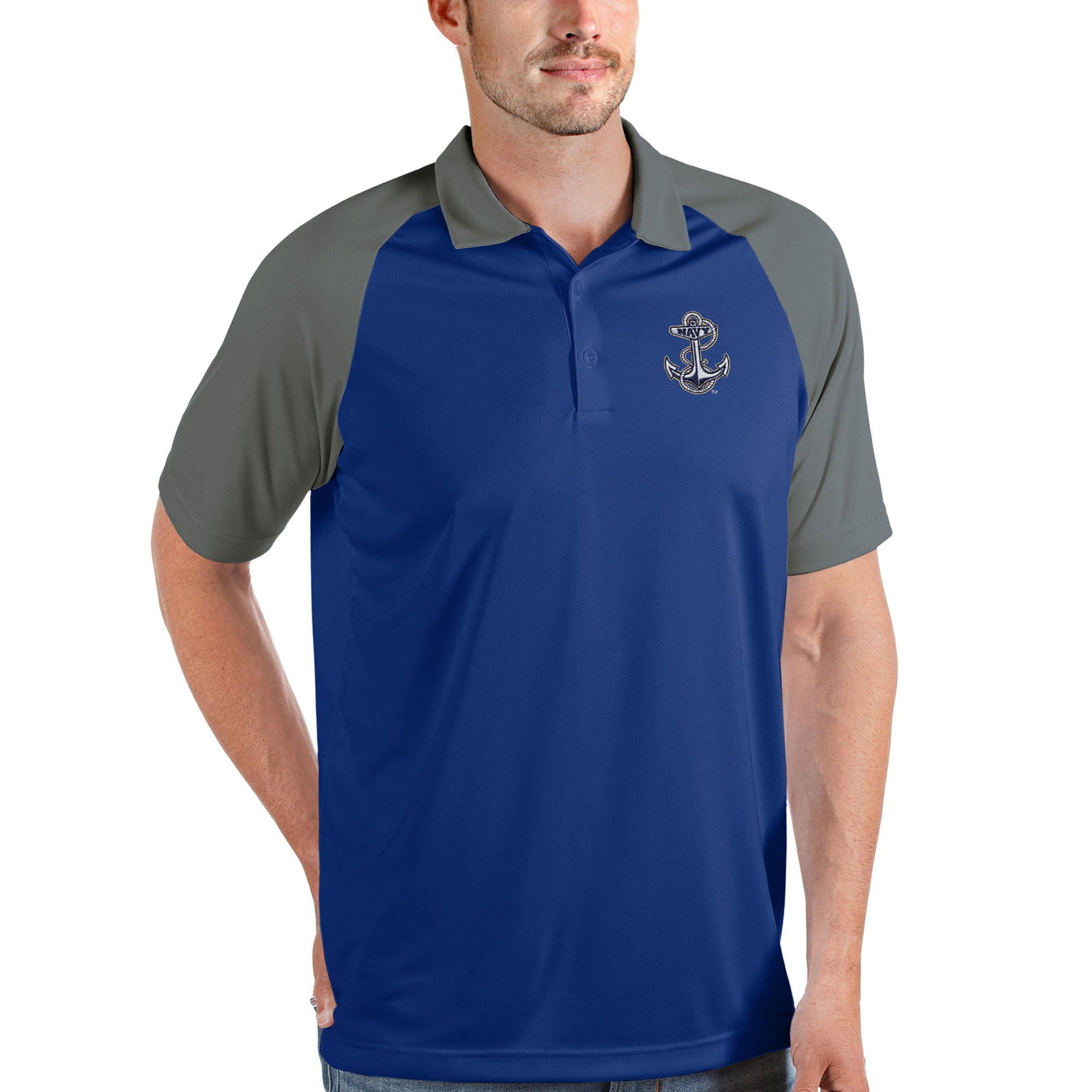 Men's Antigua Navy/Steel Navy Midshipmen Mascot Logo Nova Polo