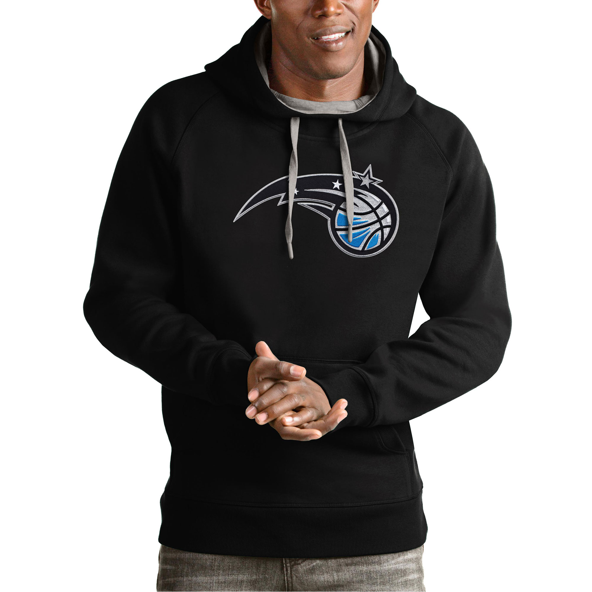 Men's Antigua Black Orlando Magic Team Logo Victory Pullover Hoodie