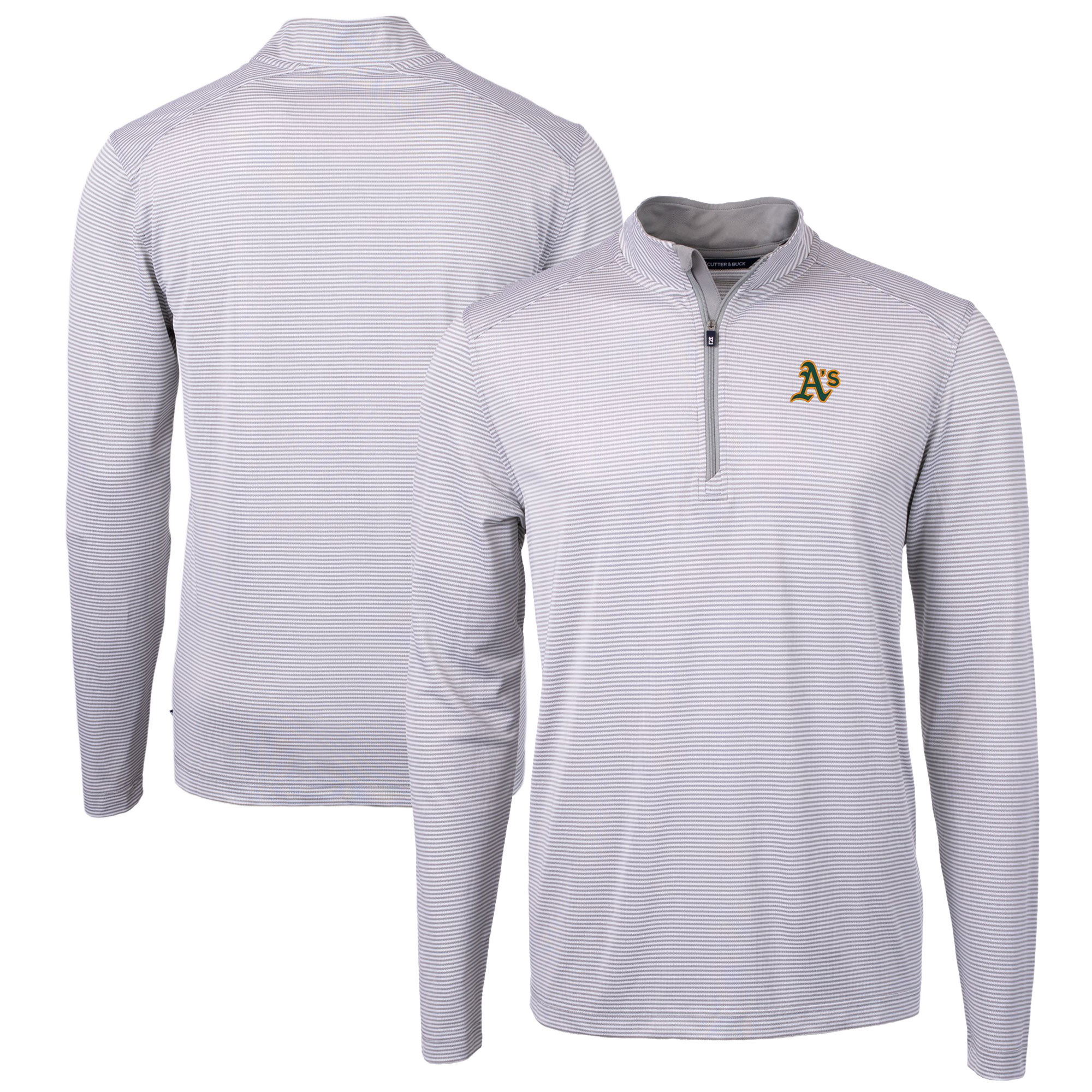 Men's Cutter & Buck Gray/White Oakland Athletics Virtue Eco Pique Micro Stripe Big & Tall Recycled Quarter-Zip Pullover Top - Image 2