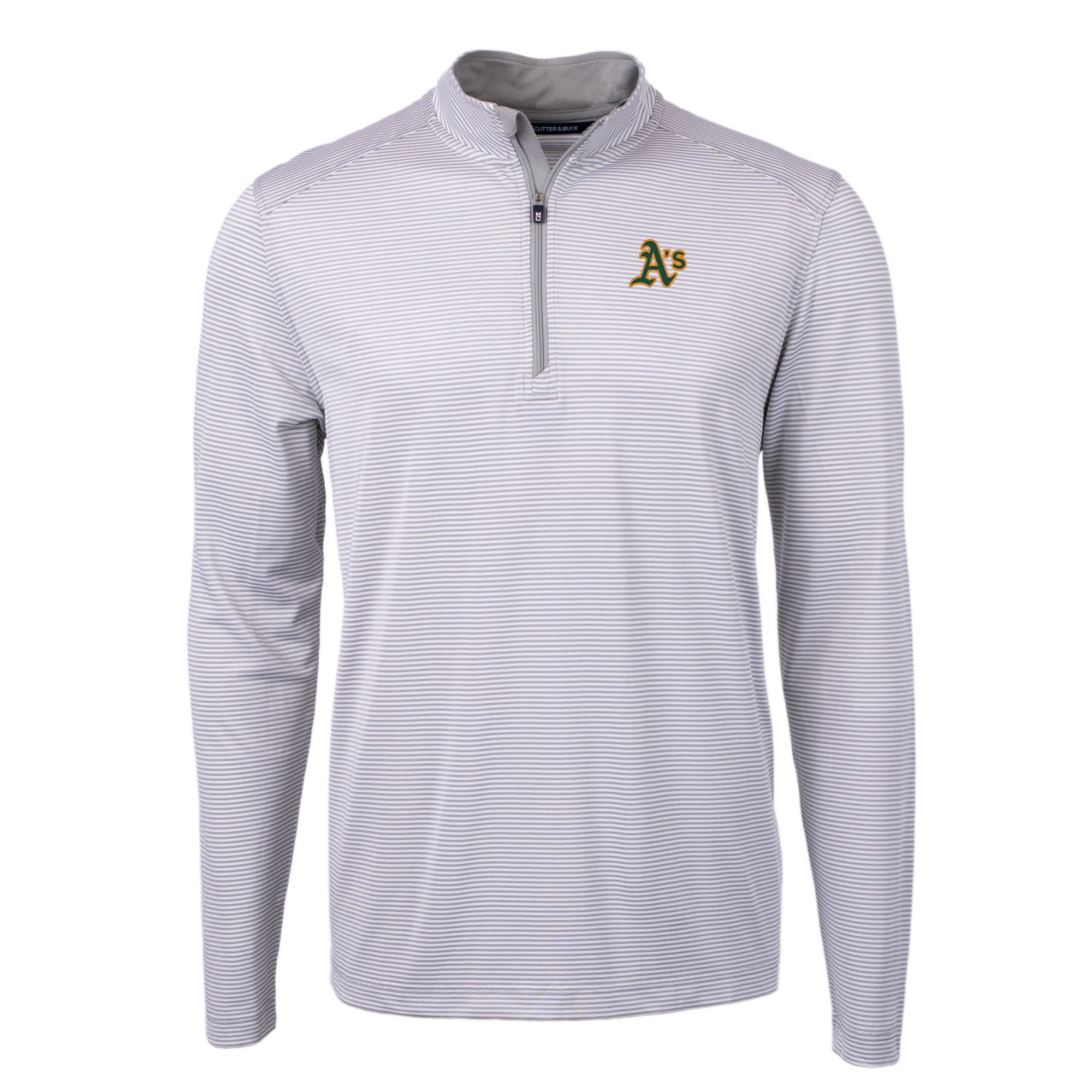 Men's Cutter & Buck Gray/White Oakland Athletics Virtue Eco Pique Micro Stripe Big & Tall Recycled Quarter-Zip Pullover Top - Image 3