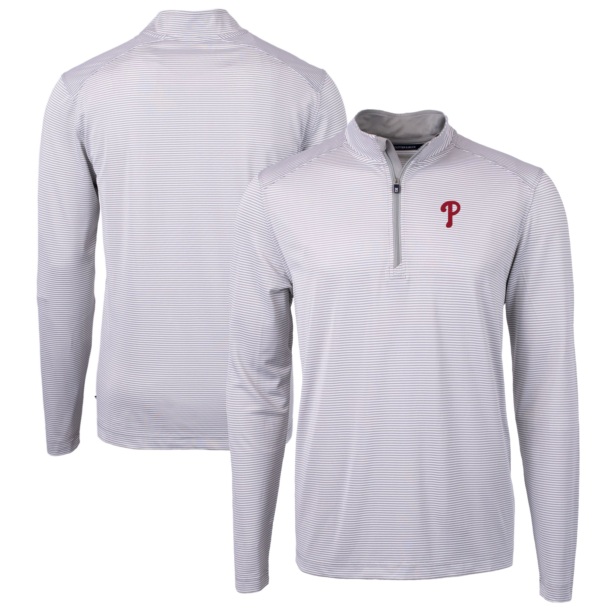Men's Cutter & Buck Gray/White Philadelphia Phillies Virtue Eco Pique Micro Stripe Big & Tall Recycled Quarter-Zip Pullover Top - Image 5