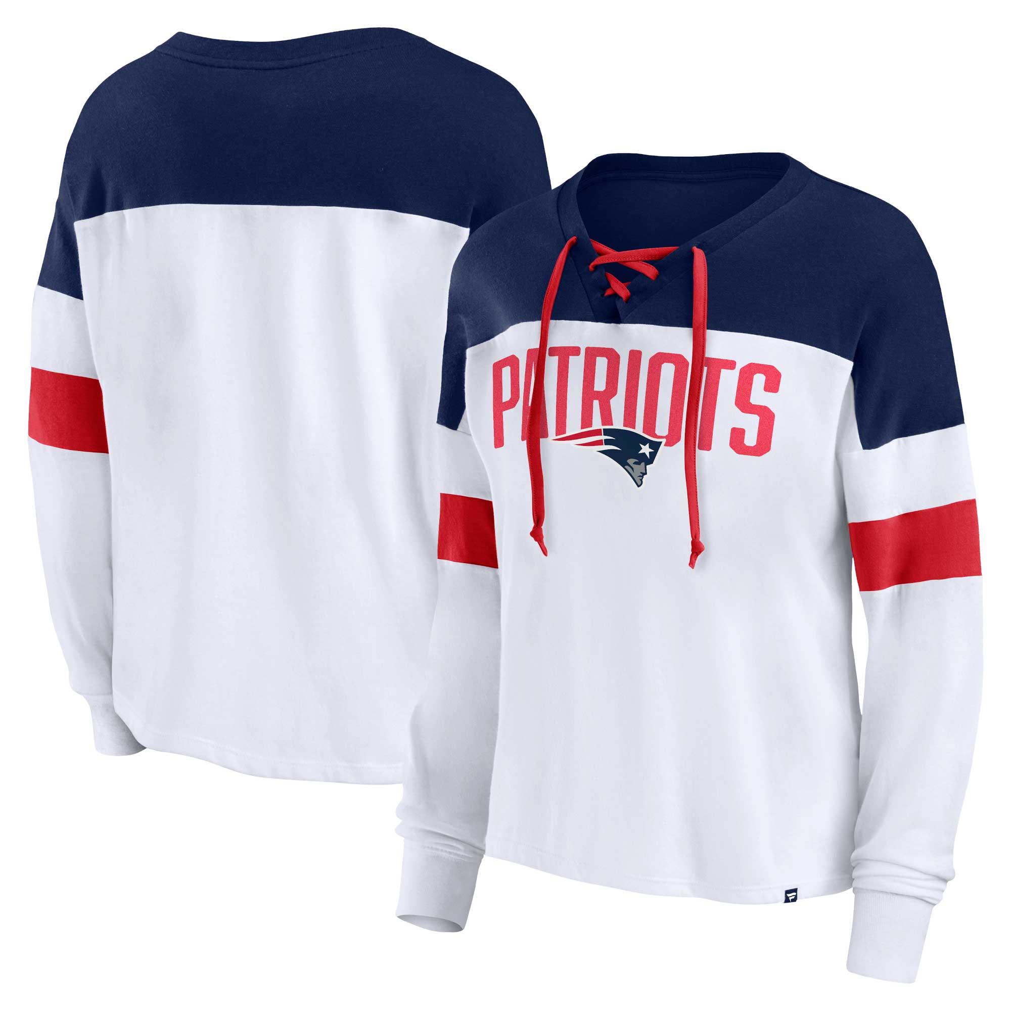 Women's Fanatics White/Navy New England Patriots Plus Size Even Match Lace-Up Long Sleeve V-Neck Top