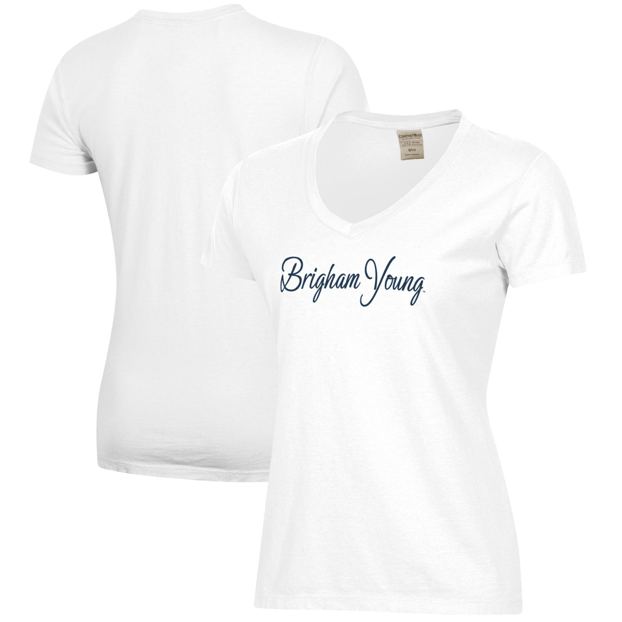 Women's White BYU Cougars Script Logo Comfort Wash V-Neck T-Shirt