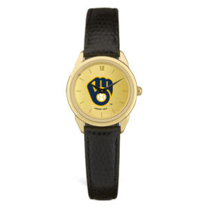 Women's  Black Milwaukee Brewers Gold Dial Leather Wristwatch