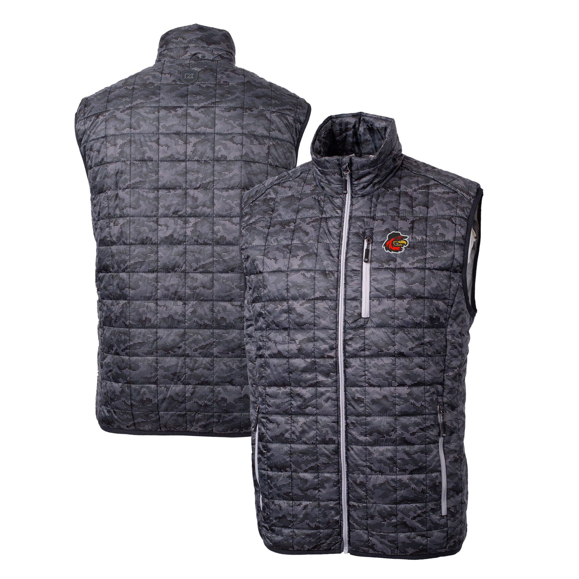 Men's Cutter & Buck Black Rochester Red Wings Rainier PrimaLoft Eco Insulated Full-Zip Printed Puffer Vest