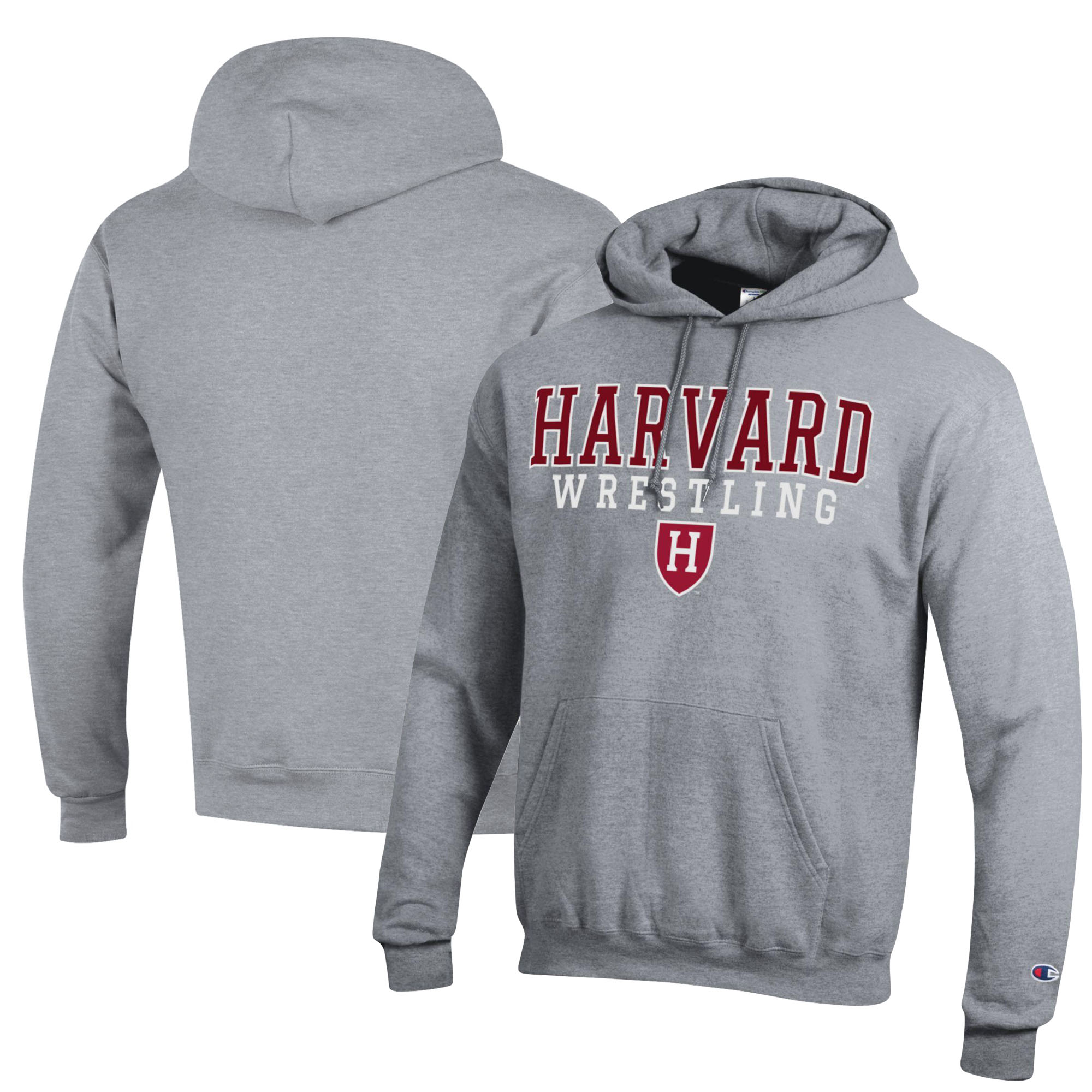 Men's Champion Heather Gray Harvard Crimson Wrestling Stack Logo Powerblend Pullover Hoodie - Image 5