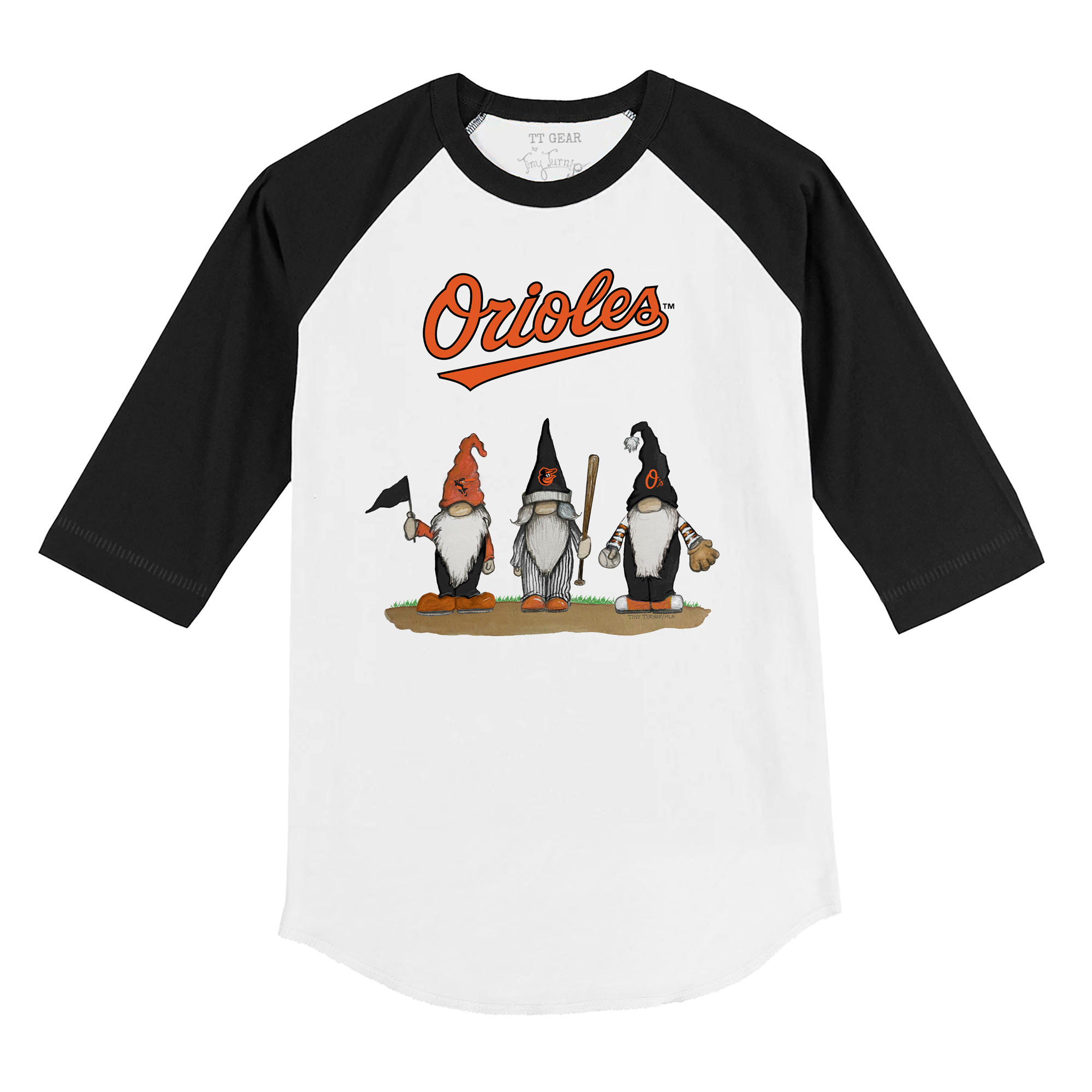 Youth Tiny Turnip White/Black Baltimore Orioles Gnomes 3/4-Sleeve Raglan T-Shirt - Image 3