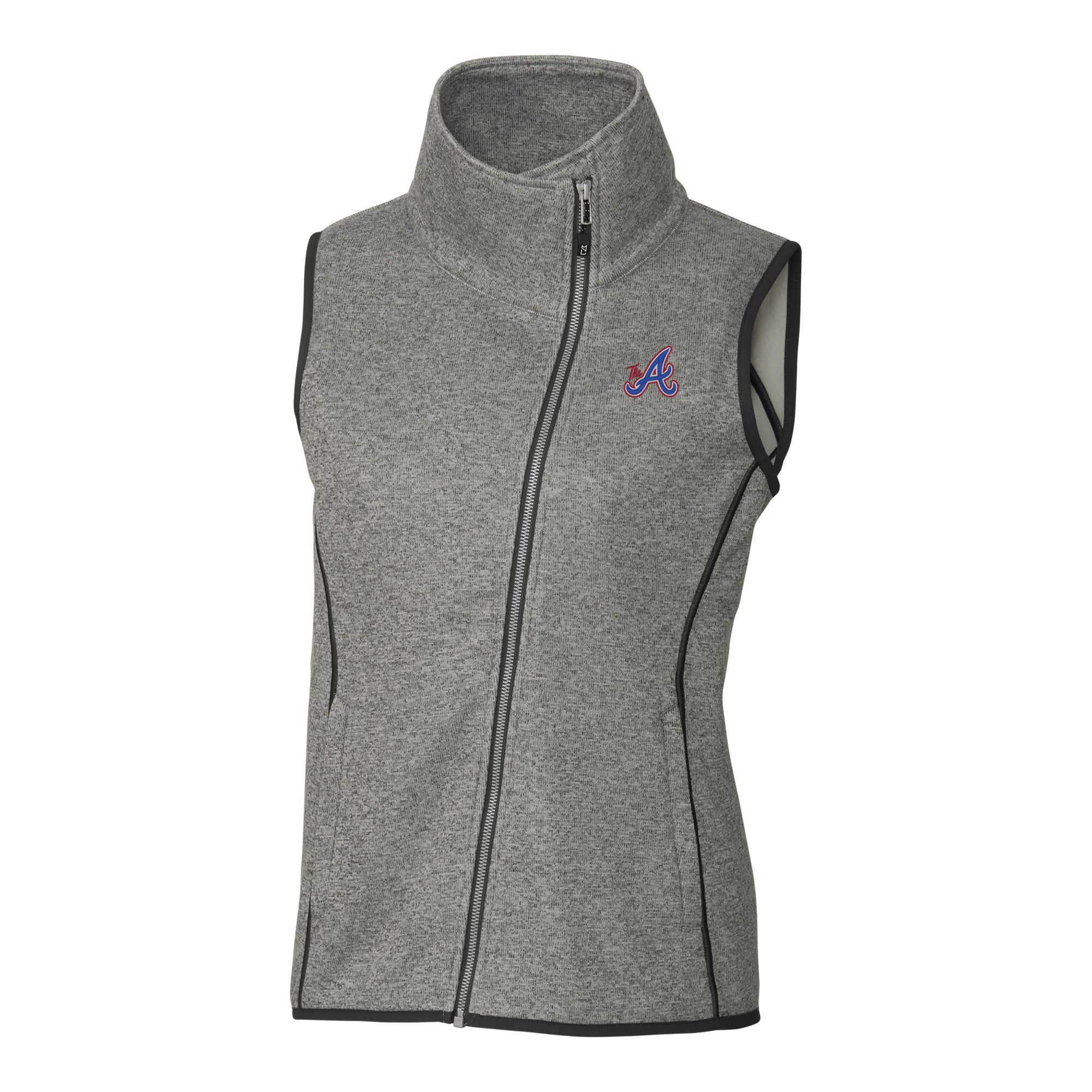 Women's Cutter & Buck Heather Gray Atlanta Braves City Connect Mainsail Sweater-Knit Full-Zip Asymmetrical Vest - Image 3