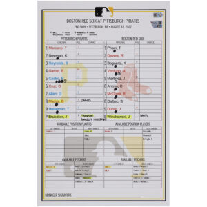 Pittsburgh Pirates Game-Used Lineup Card vs. Boston Red Sox on August 18, 2022