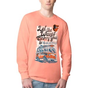 Men's Margaritaville Coral Baltimore Orioles Bus Waves Graphic Long Sleeve T-Shirt