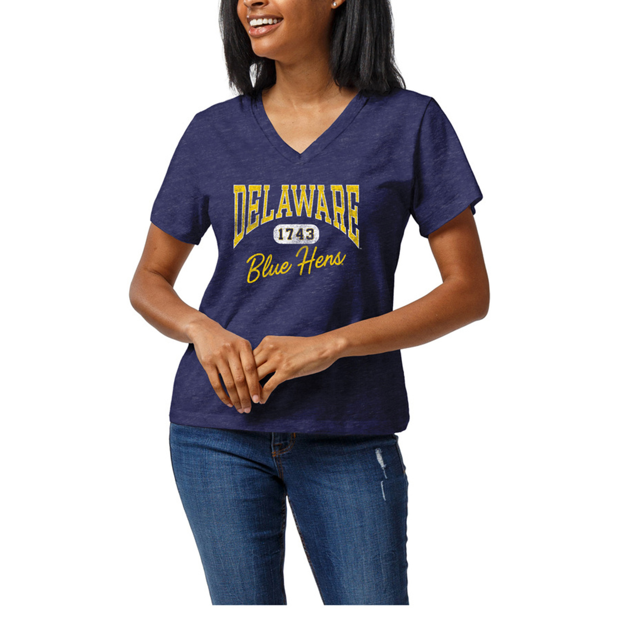 Women's Heather Royal Delaware Fightin' Blue Hens Intramural Tri-Blend Boyfriend V-Neck T-Shirt