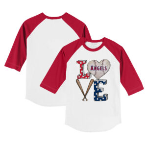 Infant Tiny Turnip White/Red Los Angeles Angels Peace Love Baseball Raglan 3/4 Sleeve T-Shirt