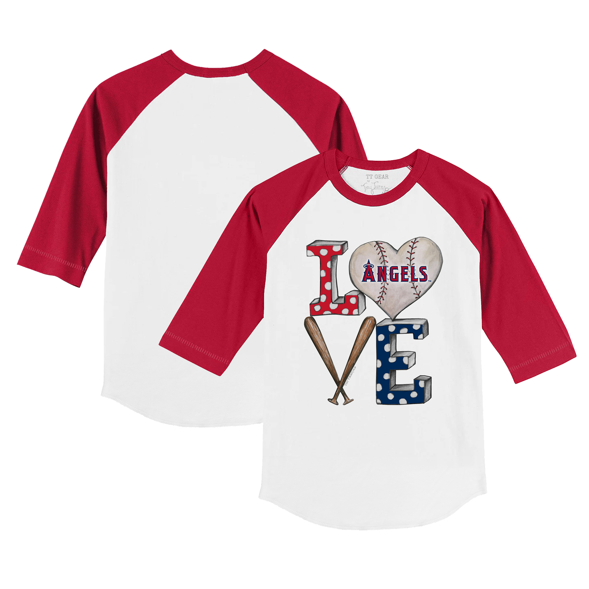 Infant Tiny Turnip White/Red Los Angeles Angels Peace Love Baseball Raglan 3/4 Sleeve T-Shirt