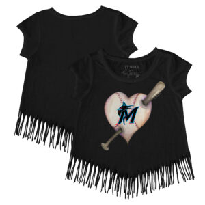 Girls Toddler Tiny Turnip Black Miami Marlins Heart Bat Fringe T-Shirt