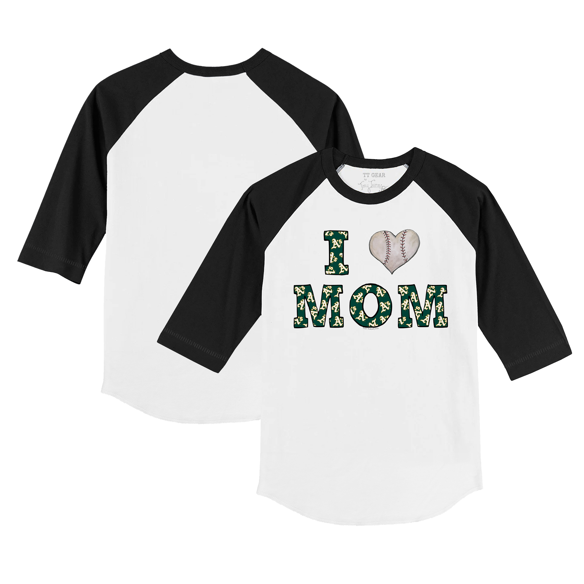Youth Tiny Turnip White/Black Oakland Athletics I Love Mom 3/4-Sleeve Raglan T-Shirt - Image 3