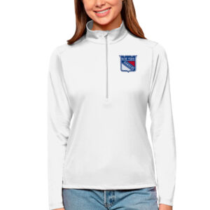 Women's Antigua White New York Rangers Tribute Quarter-Zip Pullover Top