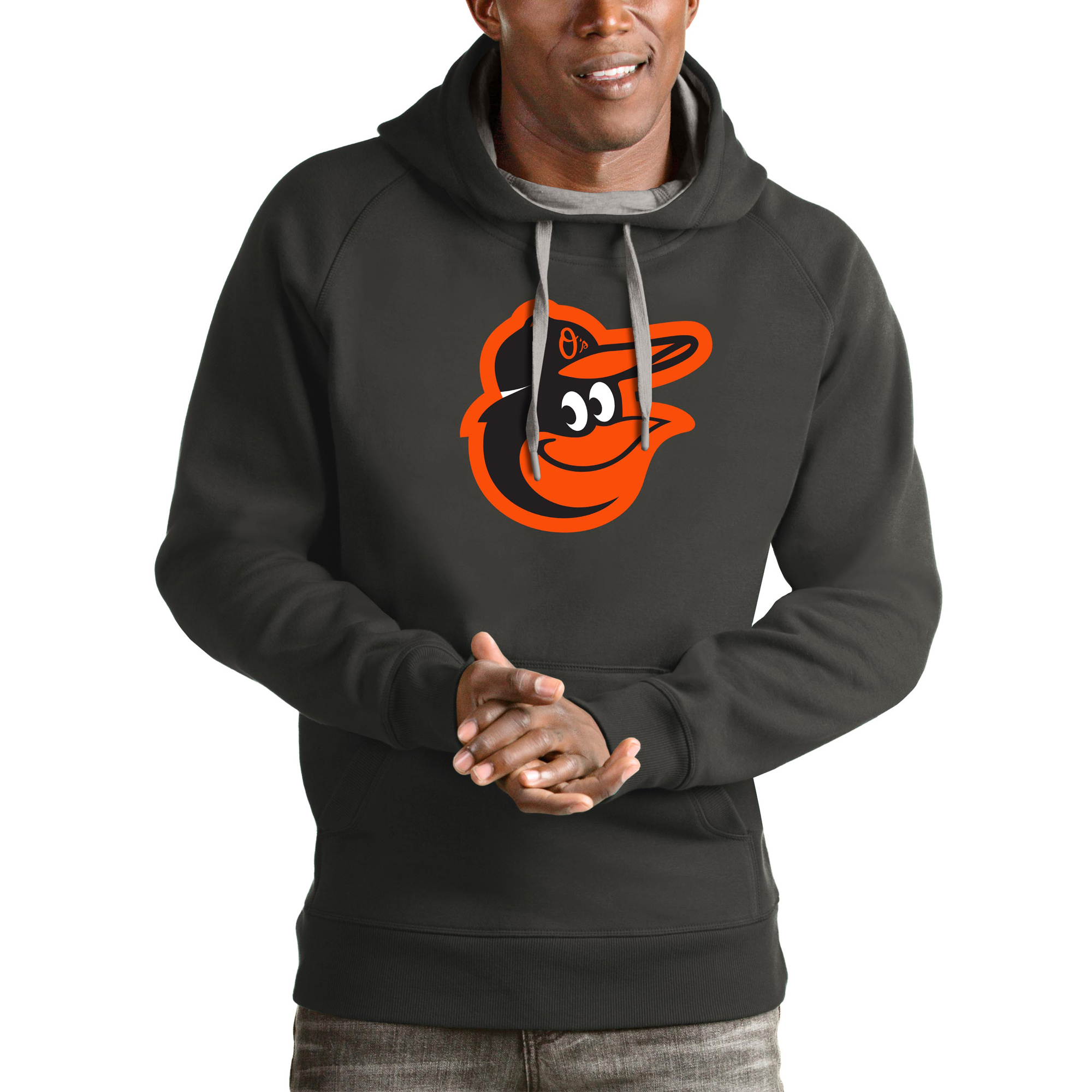 Men's Antigua Charcoal Baltimore Orioles Victory Pullover Team Logo Hoodie