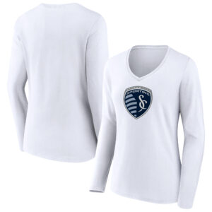Women's White Sporting Kansas City Official Logo Long Sleeve V-Neck T-Shirt