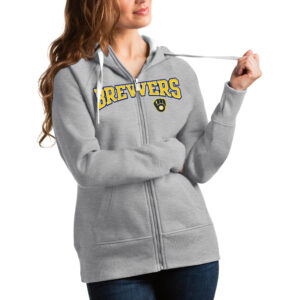Women's Antigua Heather Gray Milwaukee Brewers Team Logo Victory Full-Zip Hoodie