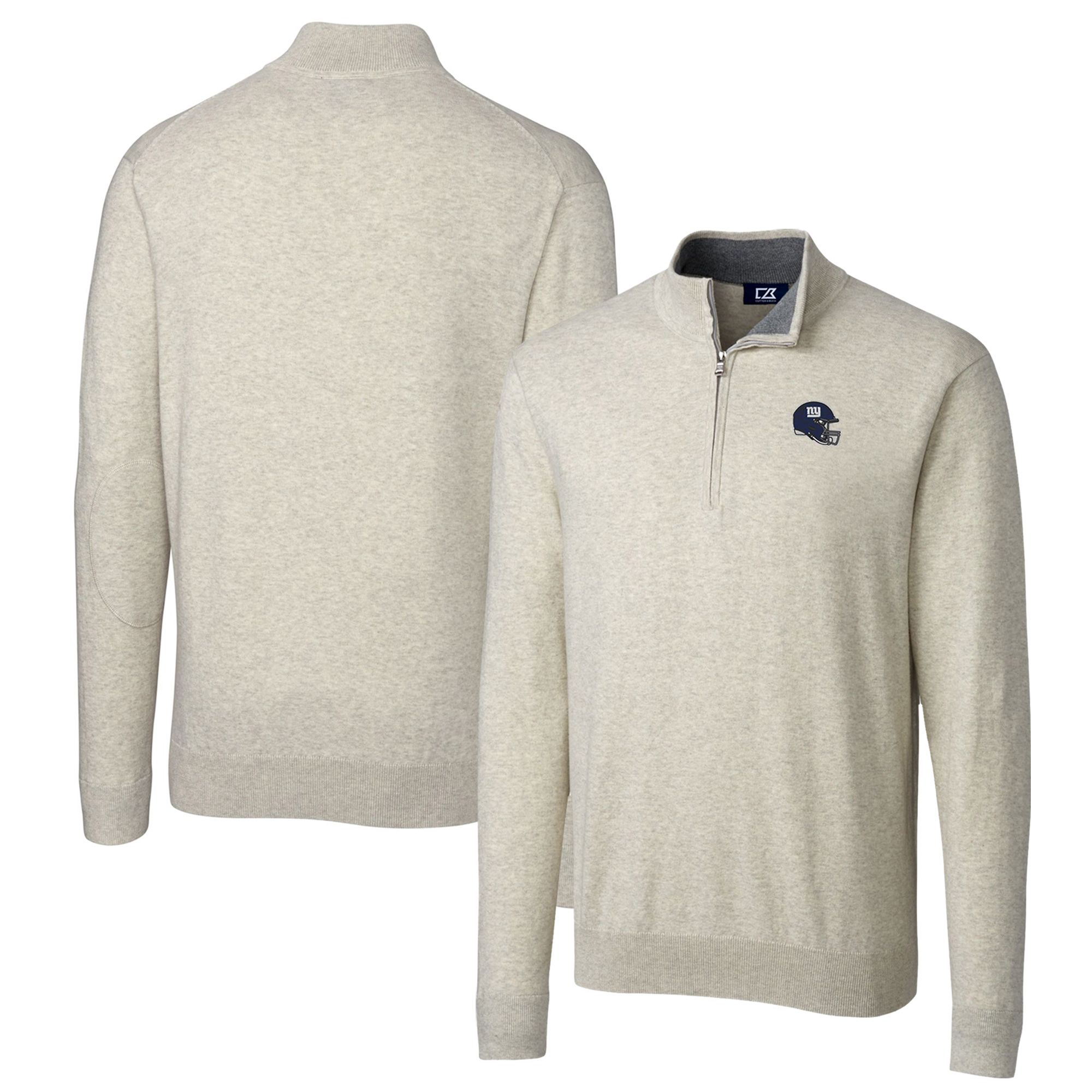 Men's Cutter & Buck Oatmeal New York Giants Helmet Lakemont Tri-Blend Quarter-Zip Pullover Sweater