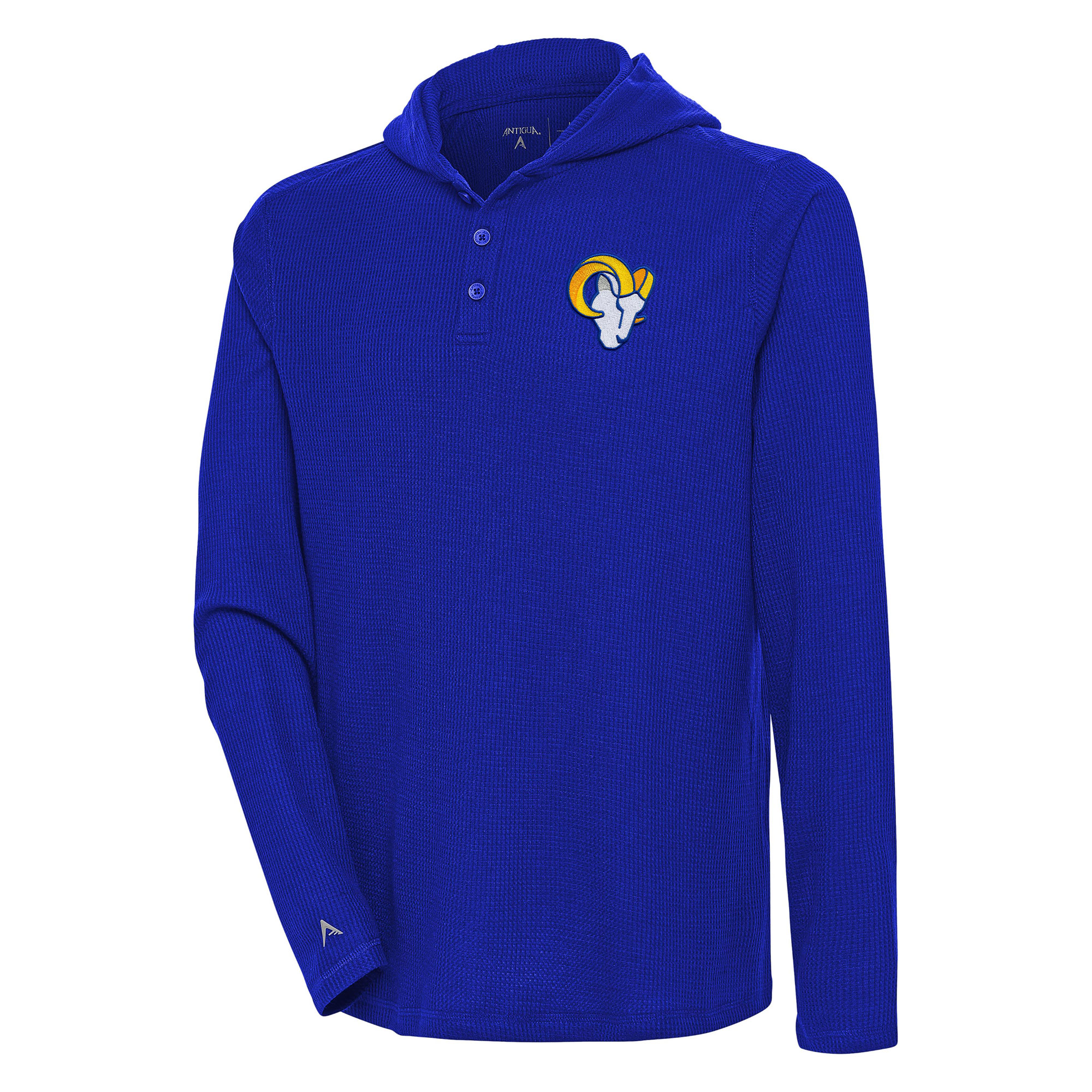 Men's Antigua Royal Los Angeles Rams Strong Hold Long Sleeve Henley Hoodie T-Shirt