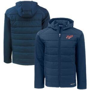 Men's Cutter & Buck  Navy Dayton Flyers Vault Evoke Hybrid Eco Softshell Recycled Full-Zip Hooded Jacket