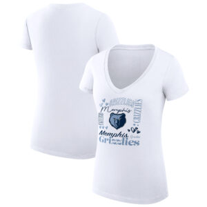 Women's G-III 4Her by Carl Banks White Memphis Grizzlies Team Name Collage Fitted Graphic V-Neck T-Shirt