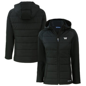 Women's Cutter & Buck Black Washington Commanders Evoke Hybrid Eco Softshell Recycled Full-Zip Hoodie Jacket