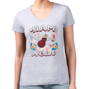 Women's G-III 4Her by Carl Banks Heather Gray Miami Heat Flowers Team Logo Graphic Fitted V-Neck T-Shirt