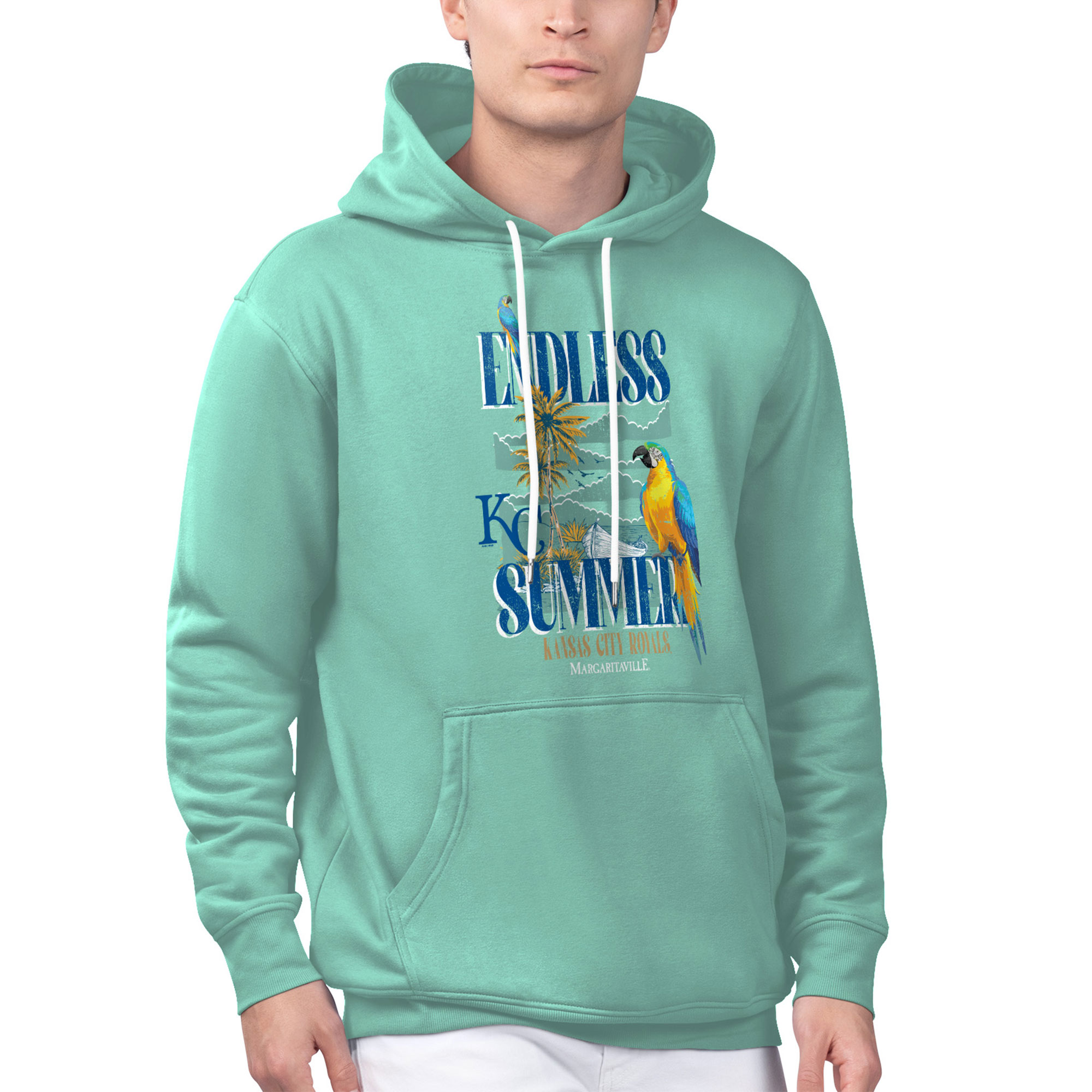Men's Margaritaville Mint Kansas City Royals Endless Summer Parrot Graphic Pullover Hoodie