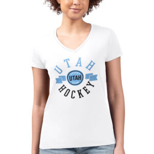 Women's G-III 4Her by Carl Banks White Utah Hockey Club Shield Graphic Fitted V-Neck T-Shirt