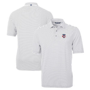 Men's Cutter & Buck Gray Minnesota Twins Big & Tall Virtue Eco Pique Stripe Recycled DryTec Polo