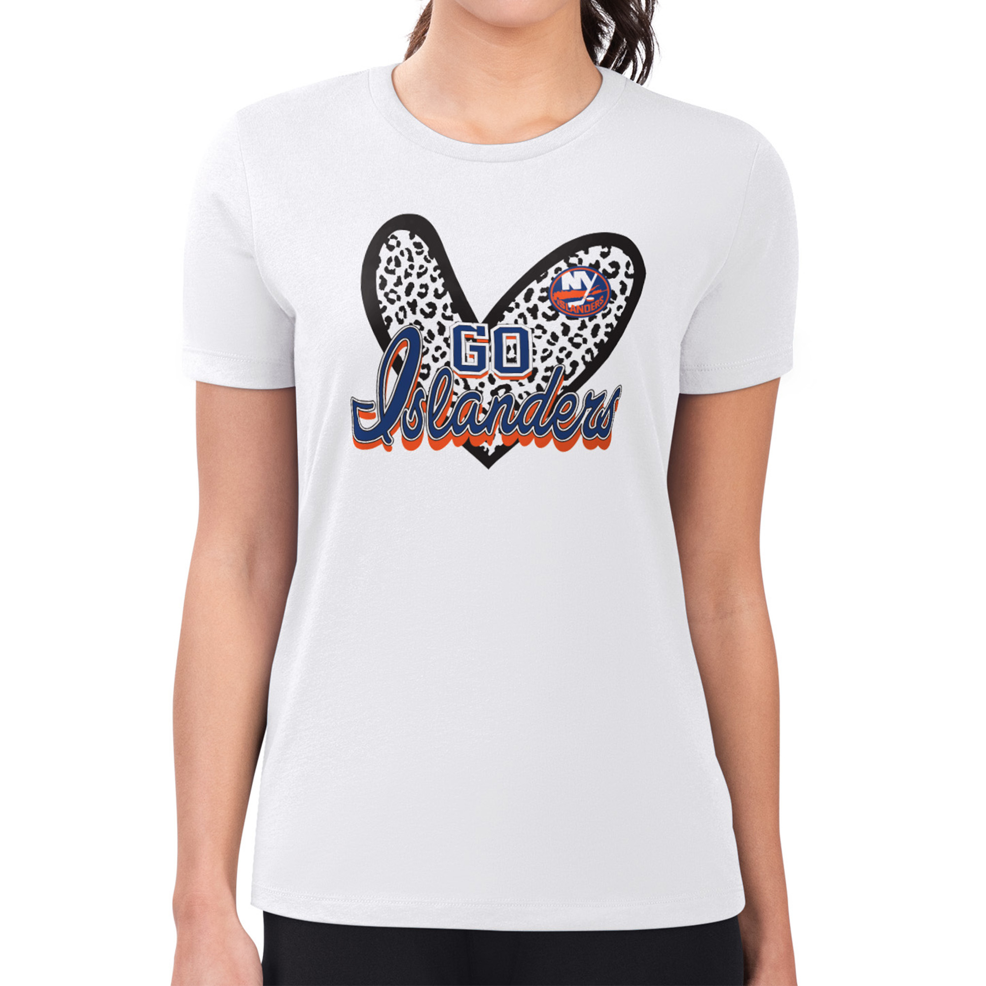 Women's G-III 4Her by Carl Banks White New York Islanders Animal Print Heart Fitted T-Shirt