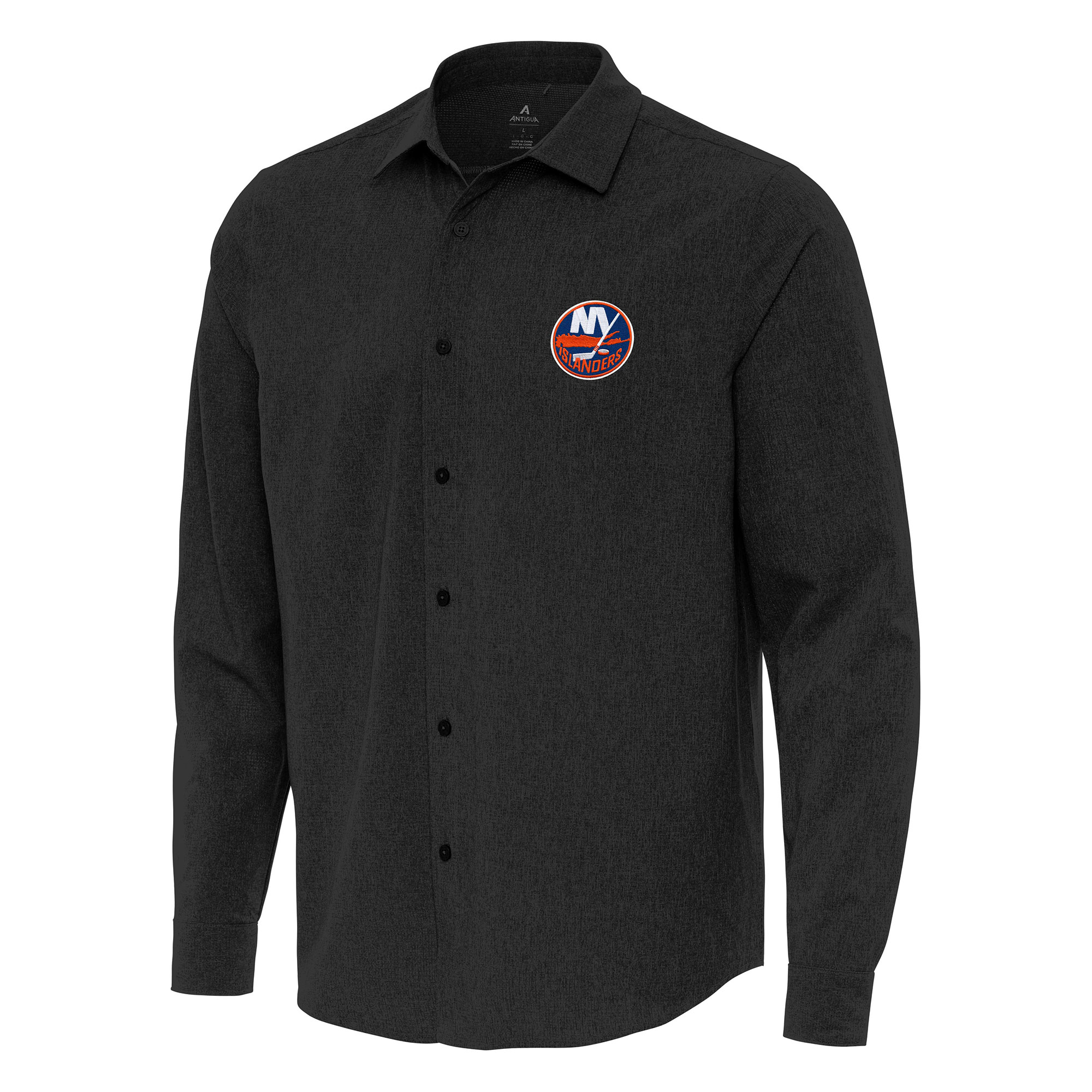 Men's Antigua Black New York Islanders Exposure Woven Long Sleeve Button-Up Shirt