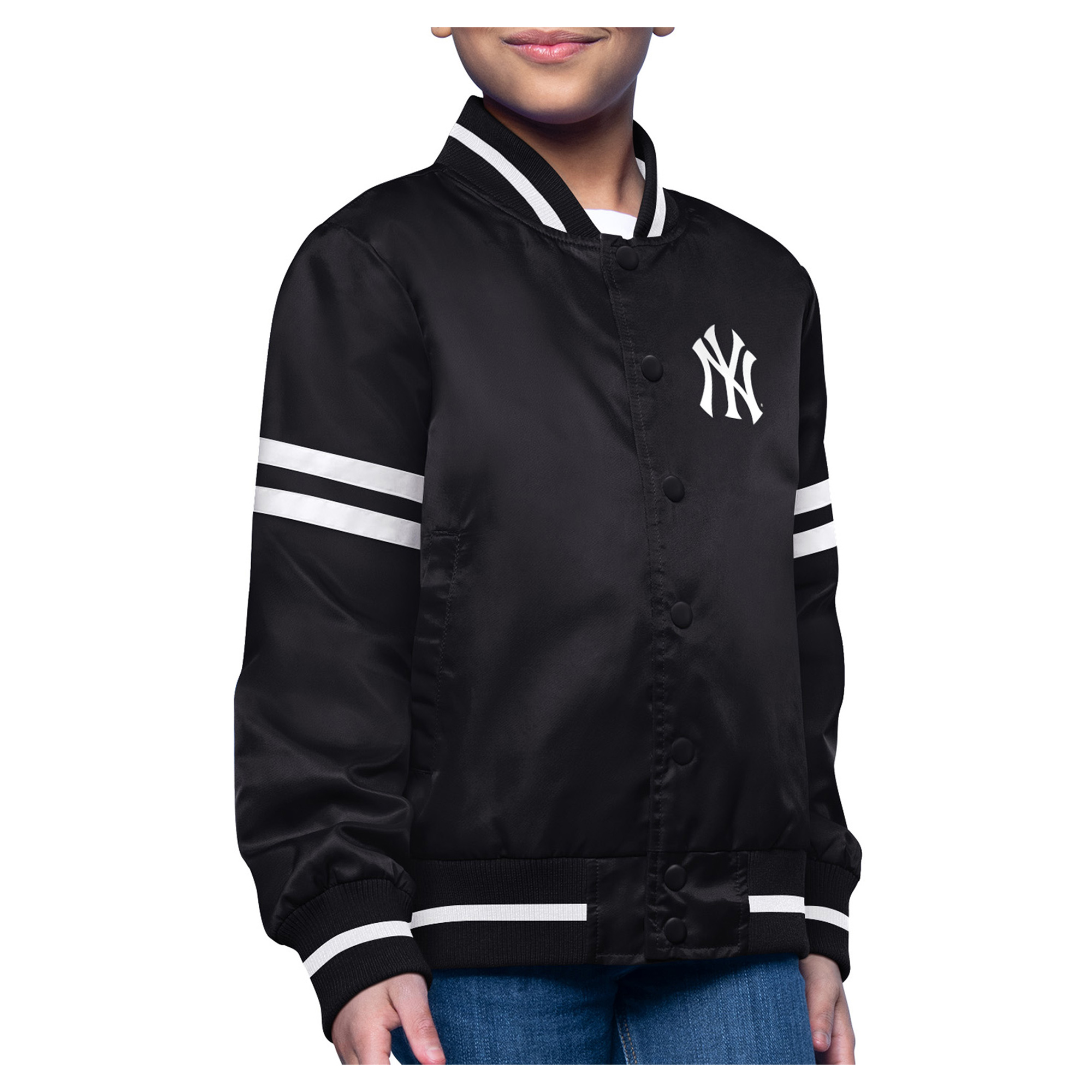 Girls Youth Starter Black New York Yankees Printed Logo Satin Varsity Full-Snap Jacket