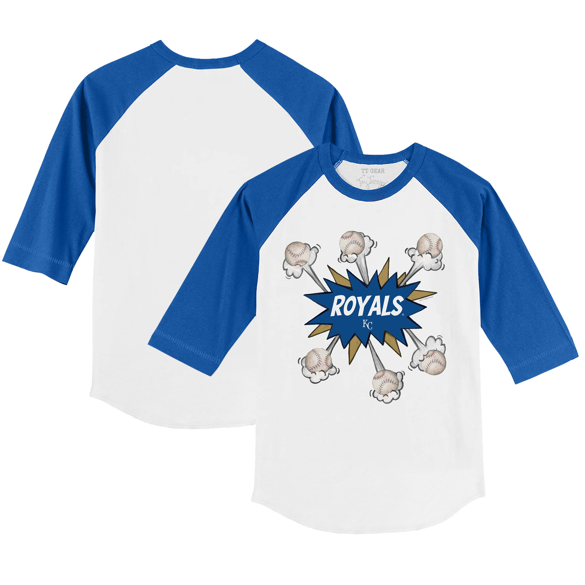 Toddler Tiny Turnip White/Royal Kansas City Royals Baseball Pow 3/4-Sleeve Raglan T-Shirt