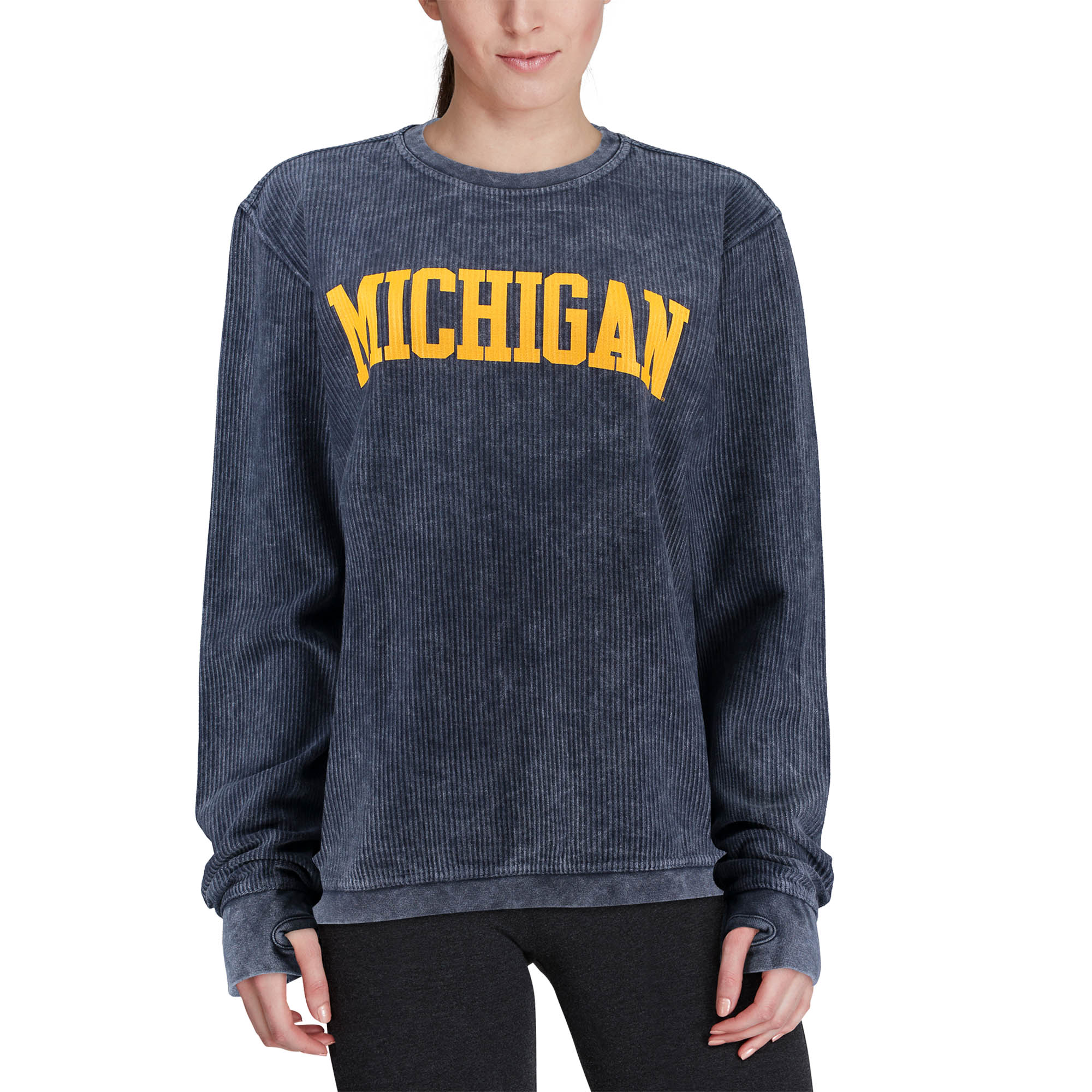 Women's Pressbox Navy Michigan Wolverines Comfy Cord Vintage Wash Basic Arch Pullover Sweatshirt - Image 9