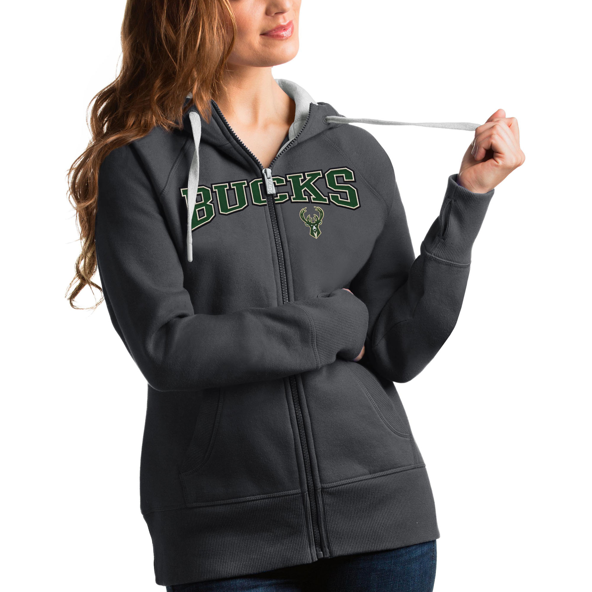 Women's Antigua Charcoal Milwaukee Bucks Team Victory Full-Zip Hoodie