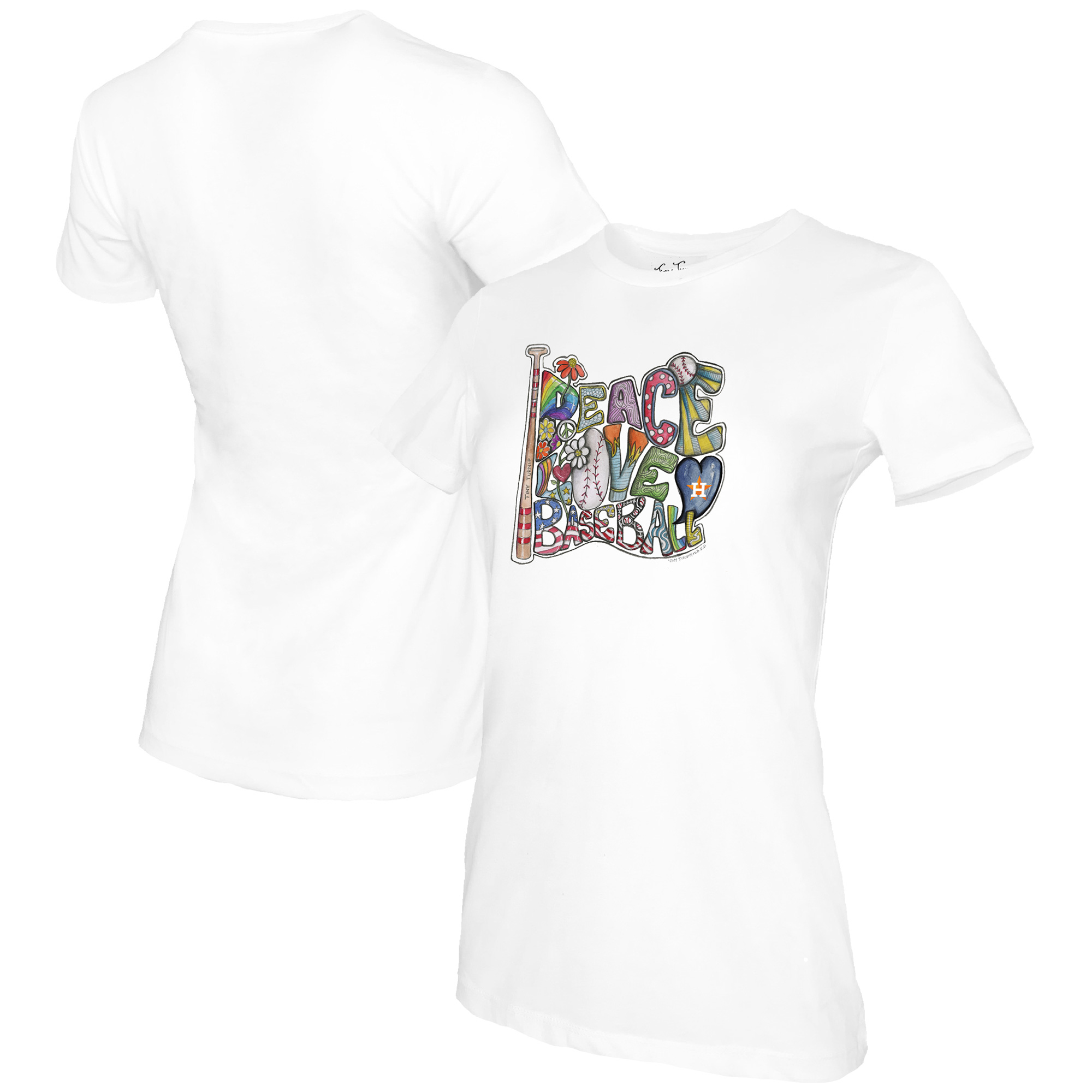 Women's Tiny Turnip White Houston Astros Peace Love Baseball T-Shirt - Image 5