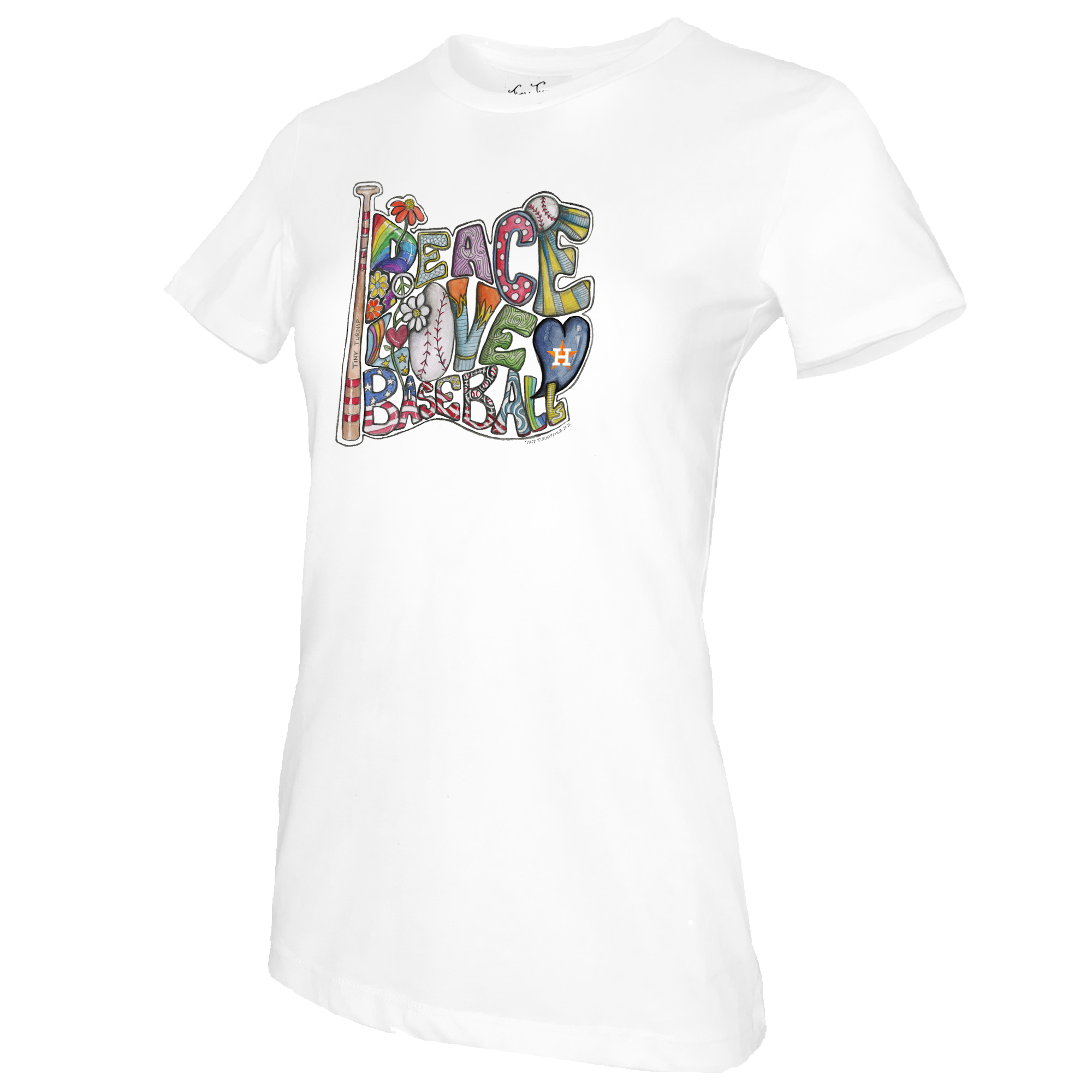 Women's Tiny Turnip White Houston Astros Peace Love Baseball T-Shirt - Image 3