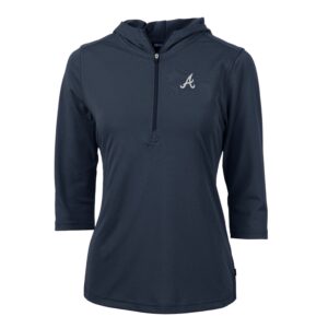 Women's Cutter & Buck Navy Atlanta Braves Virtue Eco Pique 3/4 Sleeve Half-Zip Pullover Hoodie